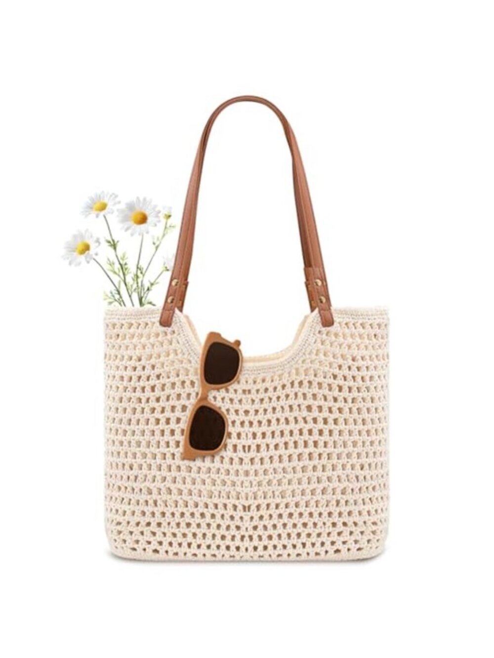 Crochet Beach Bag, Boho Woven Tote with Leak-Proof Lining For Summer, Beige